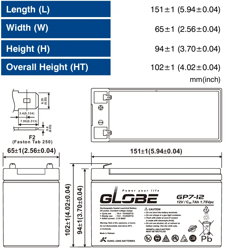 GLOBE GP7-12 sealed lead acid battery dimensions